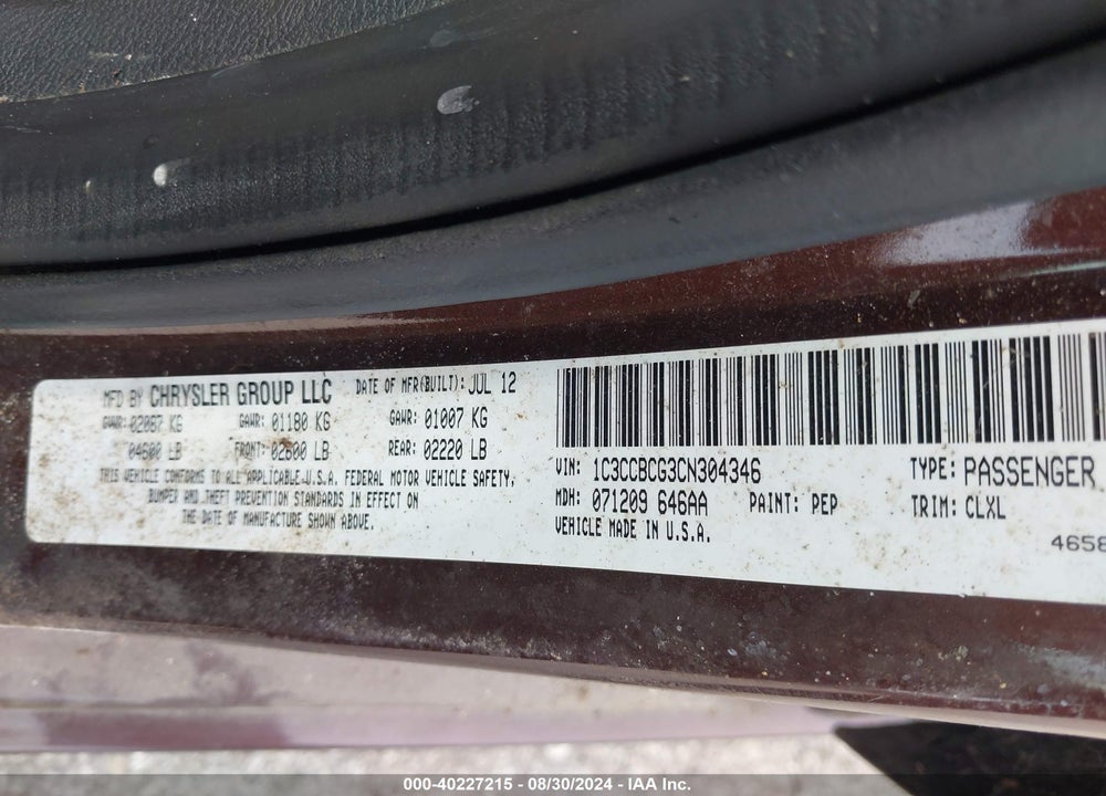 2012 CHRYSLER 200 LIMITED VIN: 1C3CCBCG3CN304346