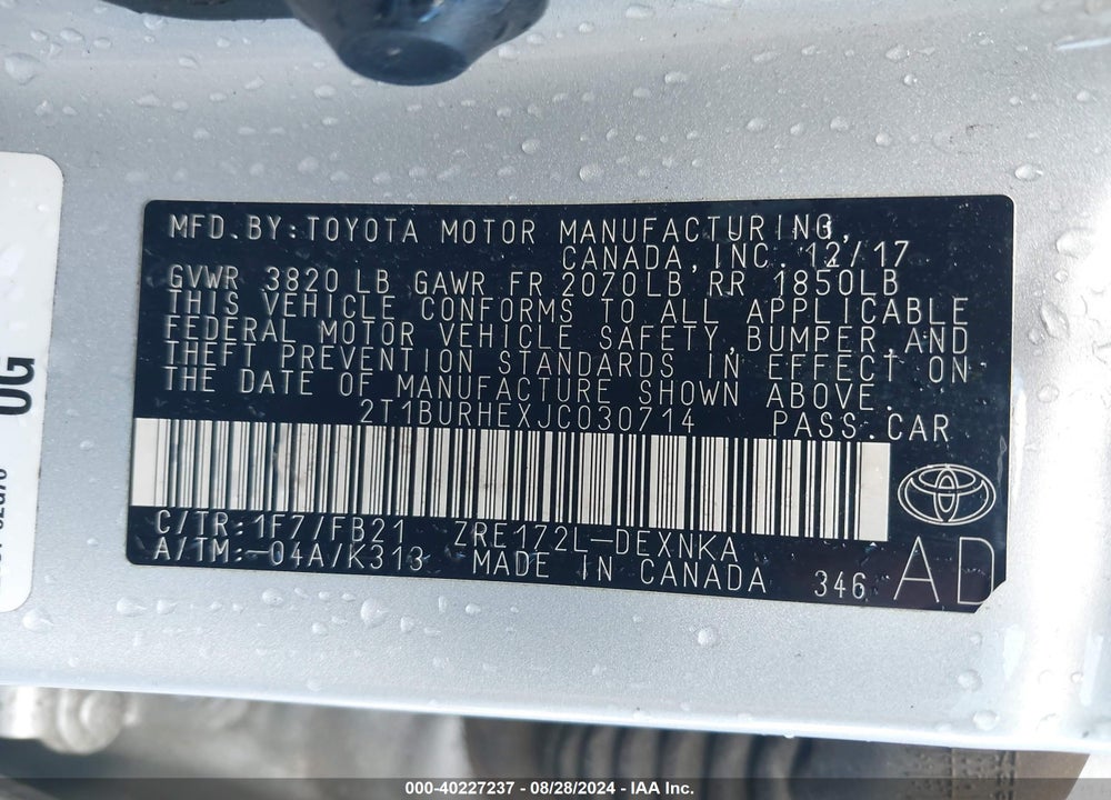 2018 TOYOTA COROLLA LE VIN: 2T1BURHEXJC030714