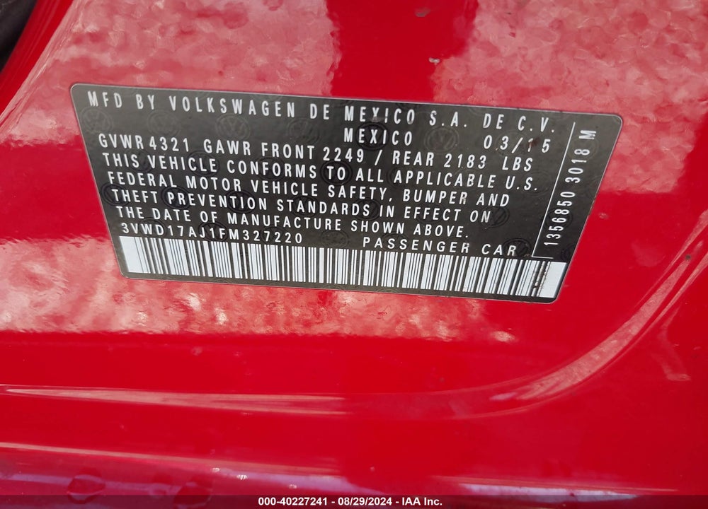 2015 VOLKSWAGEN JETTA 1.8T SE VIN: 3VWD17AJ1FM327220