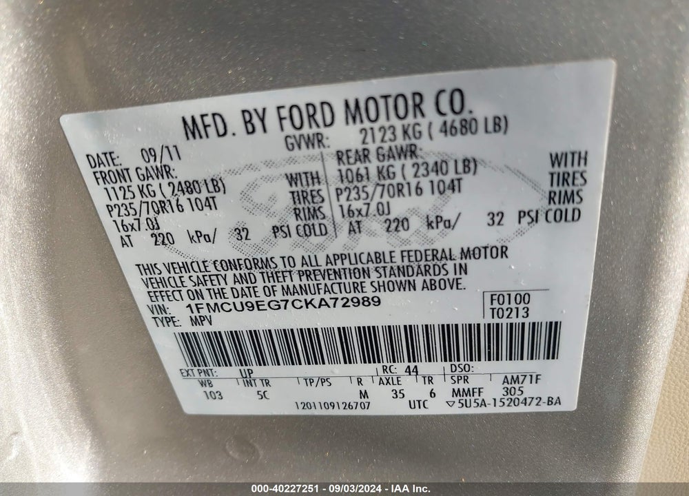 2012 FORD ESCAPE LIMITED VIN: 1FMCU9EG7CKA72989