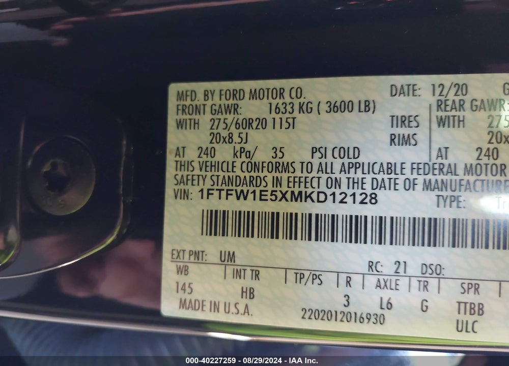 2021 FORD F-150 LARIAT VIN: 1FTFW1E5XMKD12128