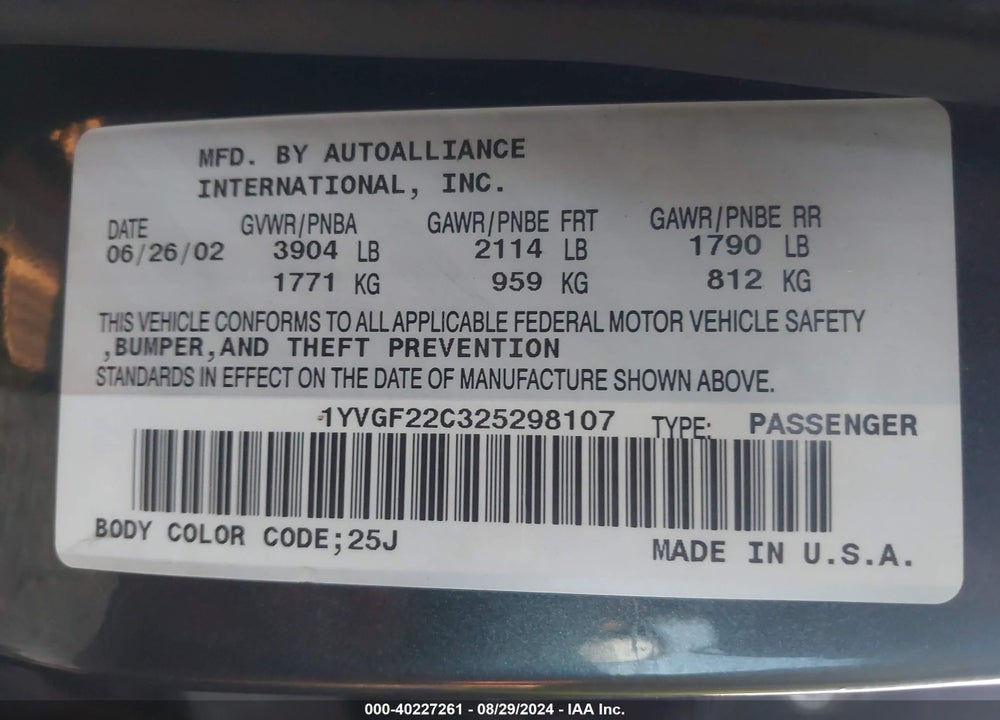 2002 MAZDA 626 LX VIN: 1YVGF22C325298107