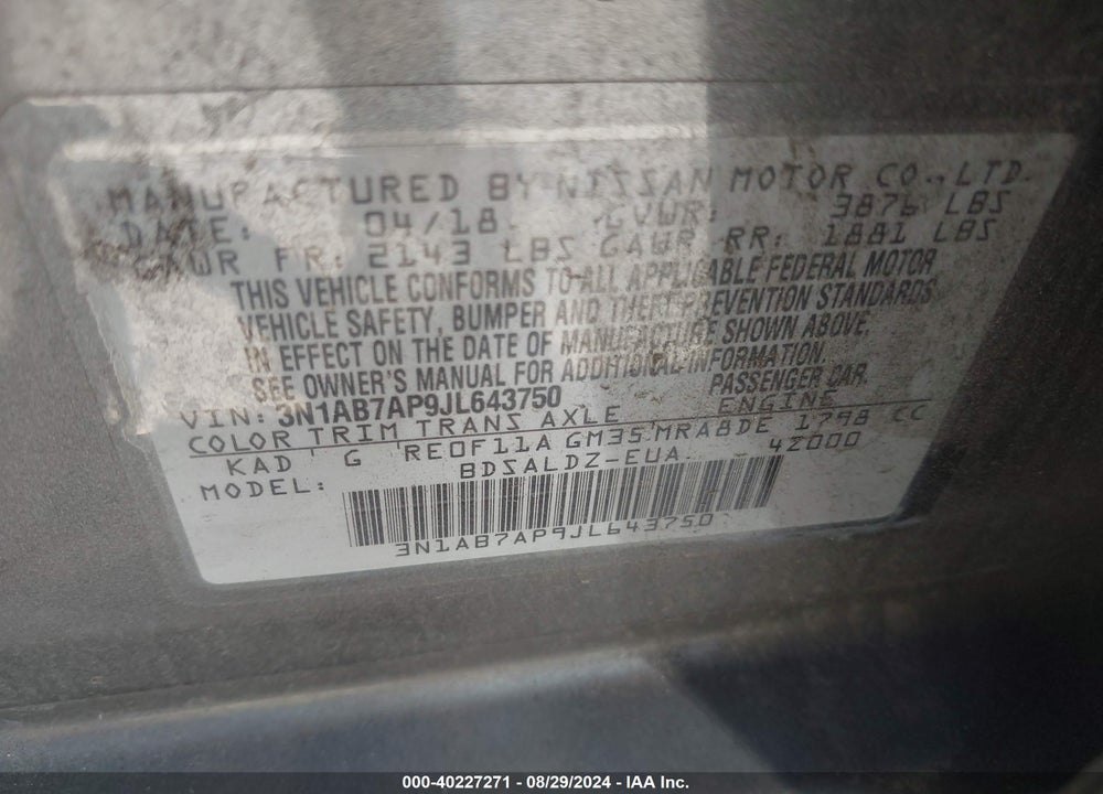 2018 NISSAN SENTRA SV VIN: 3N1AB7AP9JL643750