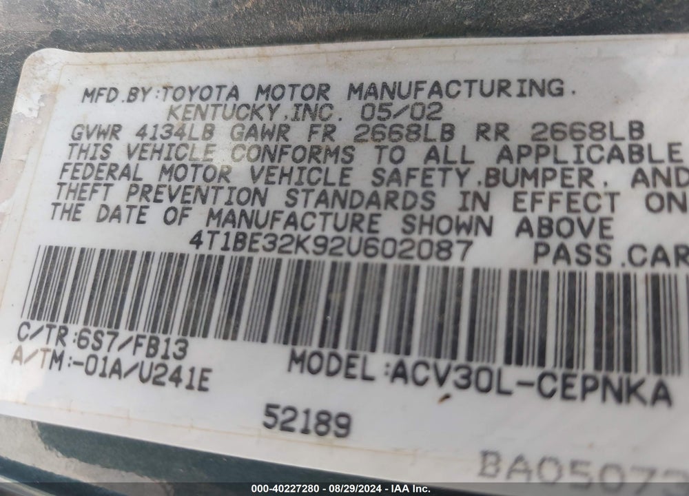 2002 TOYOTA CAMRY LE VIN: 4T1BE32K92U602087