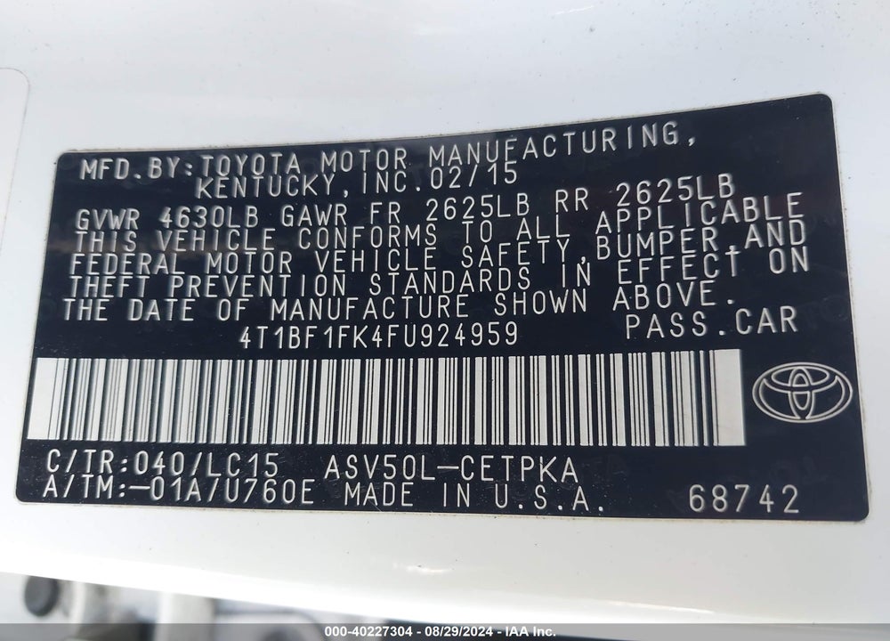 2015 TOYOTA CAMRY XSE VIN: 4T1BF1FK4FU924959