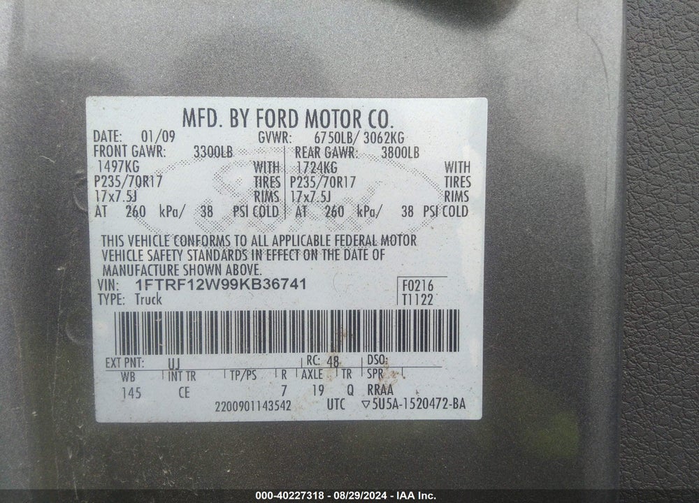 2009 FORD F-150 STX/XL/XLT VIN: 1FTRF12W99KB36741
