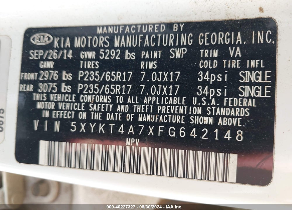 2015 KIA SORENTO LX V6 VIN: 5XYKT4A7XFG642148