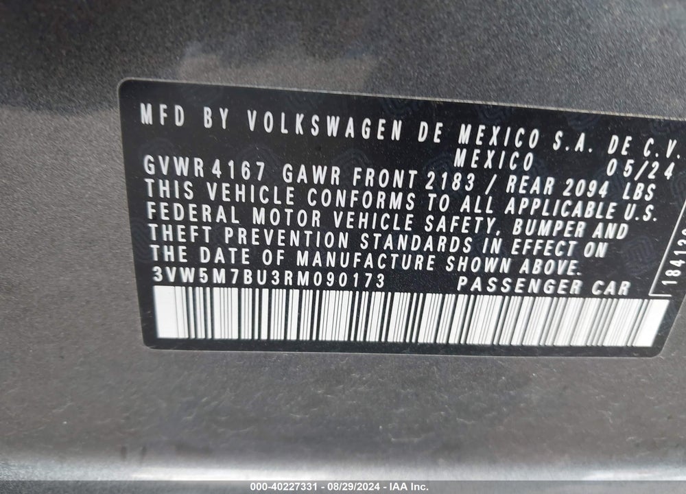 2024 VOLKSWAGEN JETTA 1.5T S VIN: 3VW5M7BU3RM090173