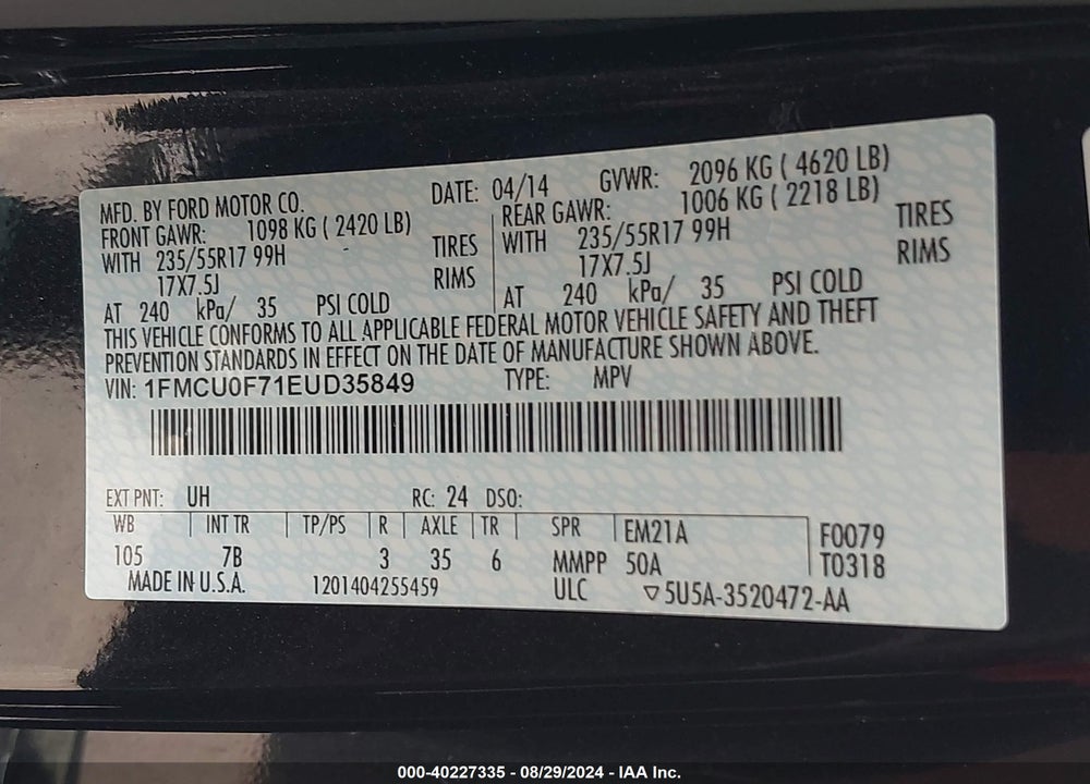 2014 FORD ESCAPE VIN: 1FMCU0F71EUD35849