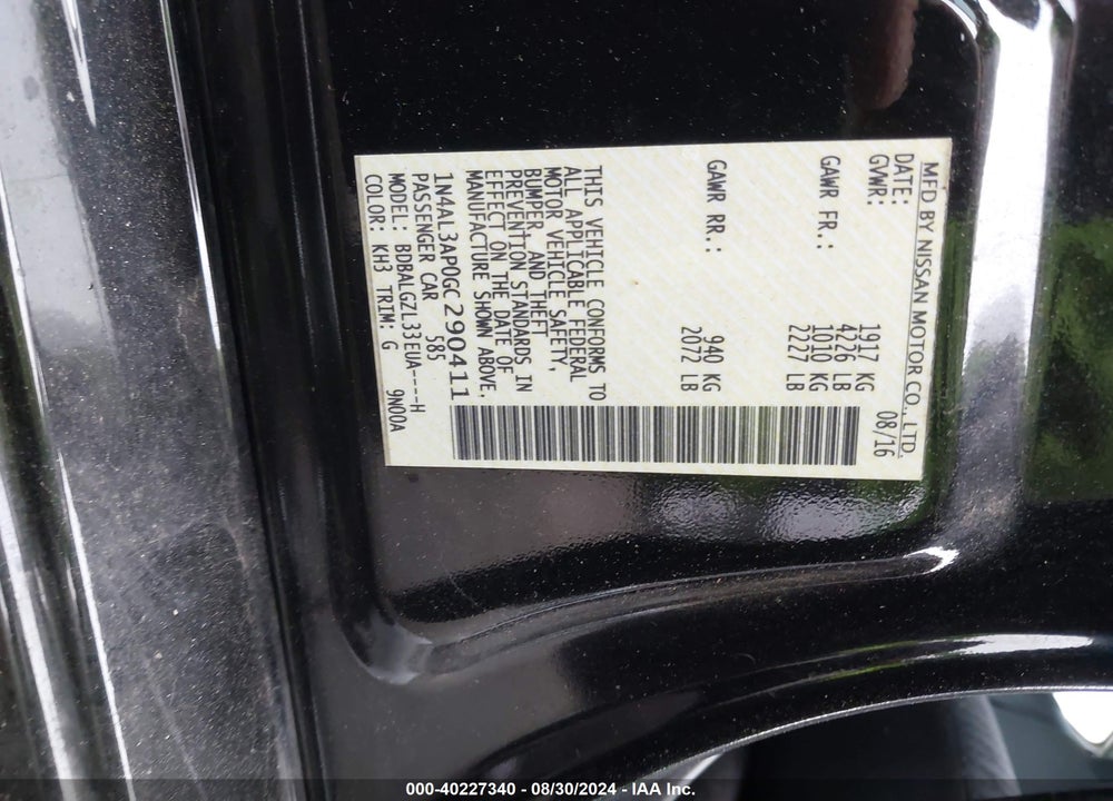 2016 NISSAN ALTIMA 2.5 S VIN: 1N4AL3AP0GC290411