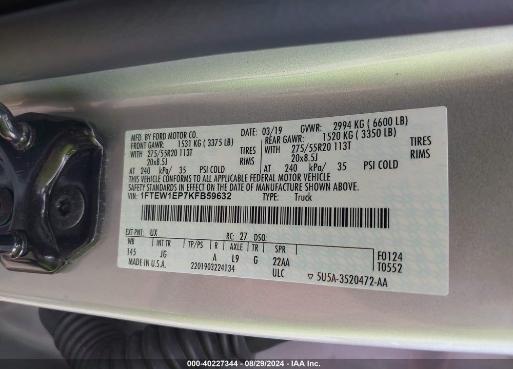 2019 FORD F-150 XL VIN: 1FTEW1EP7KFB59632