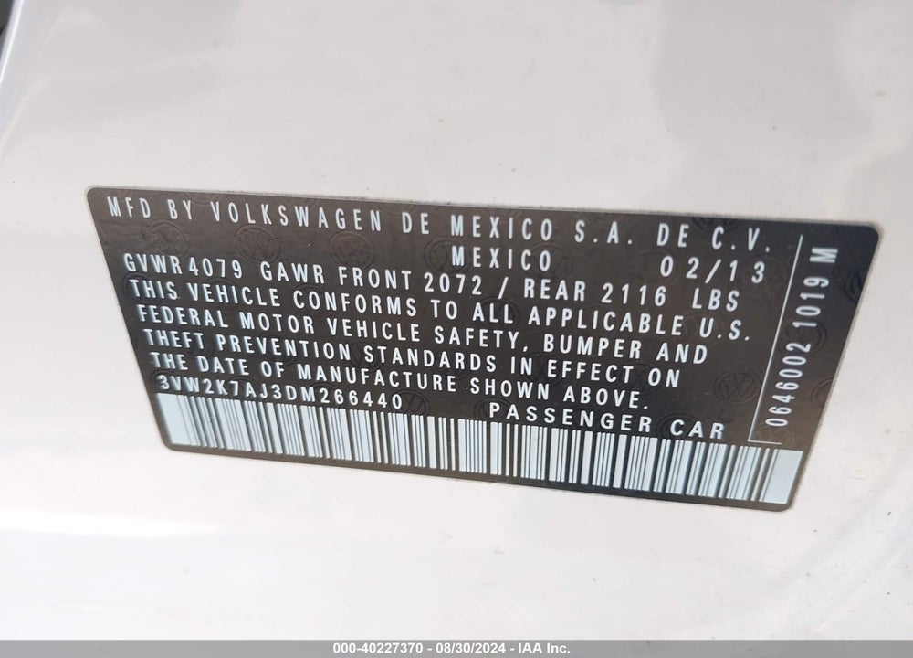 2013 VOLKSWAGEN JETTA 2.0L S VIN: 3VW2K7AJ3DM266440
