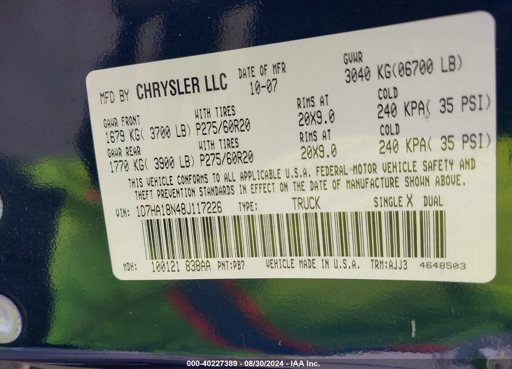 2008 DODGE RAM 1500 SLT VIN: 1D7HA18N48J117226
