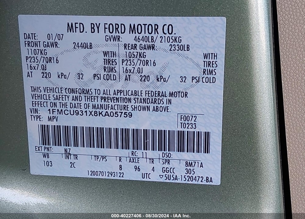 2008 FORD ESCAPE XLT VIN: 1FMCU931X8KA05759
