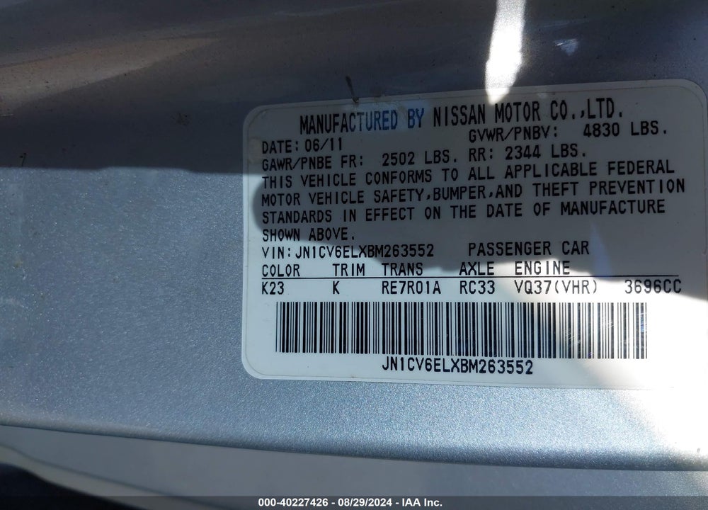 2011 INFINITI G37X VIN: JN1CV6ELXBM263552