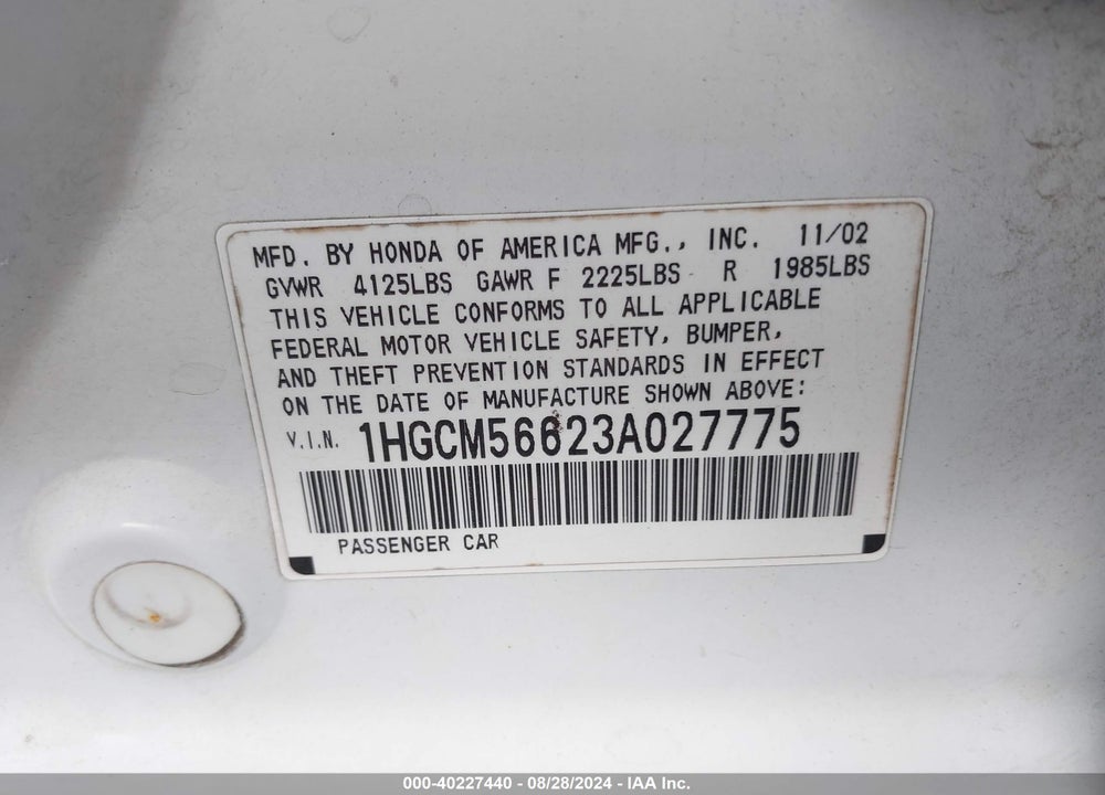 2003 HONDA ACCORD 2.4 EX VIN: 1HGCM56623A027775