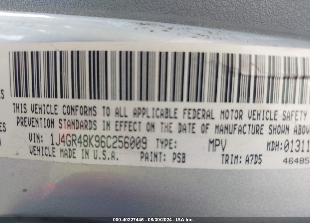 2006 JEEP GRAND CHEROKEE LAREDO VIN: 1J4GR48K96C256009
