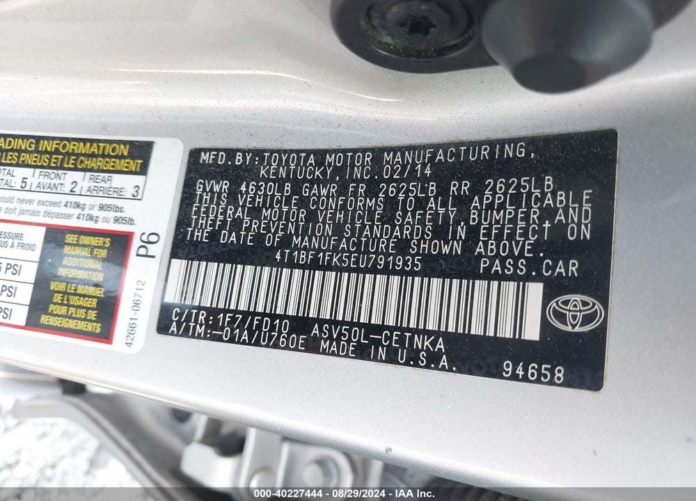 2014 TOYOTA CAMRY LE VIN: 4T1BF1FK5EU791935