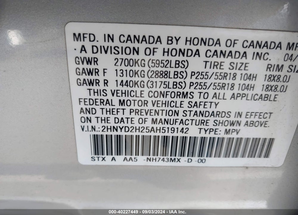 2010 ACURA MDX VIN: 2HNYD2H25AH519142