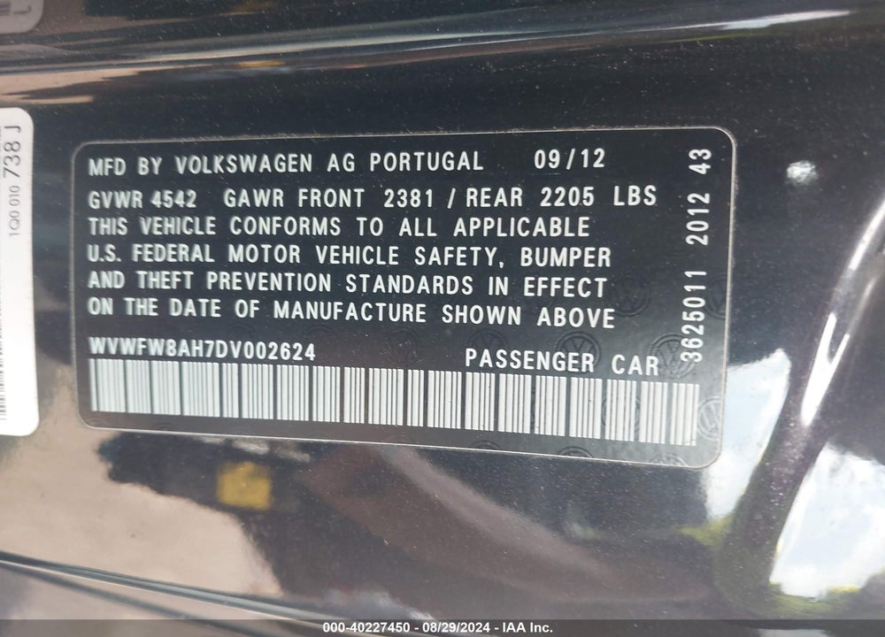 2013 VOLKSWAGEN EOS LUX VIN: WVWFW8AH7DV002624