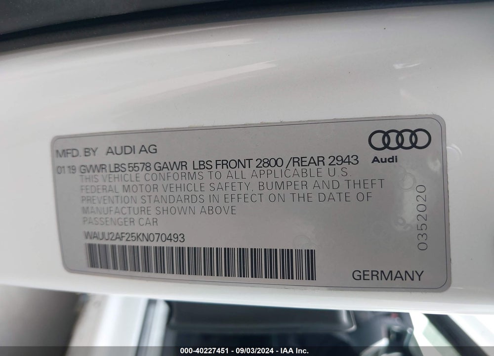 2019 AUDI A7 55 PREMIUM VIN: WAUU2AF25KN070493