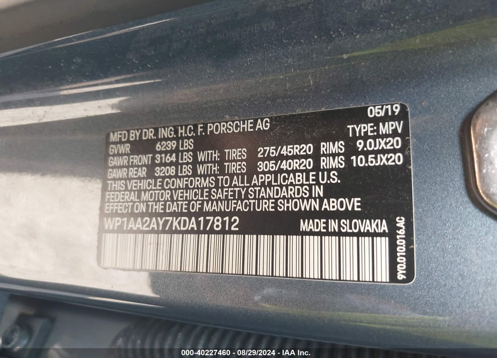 2019 PORSCHE CAYENNE VIN: WP1AA2AY7KDA17812