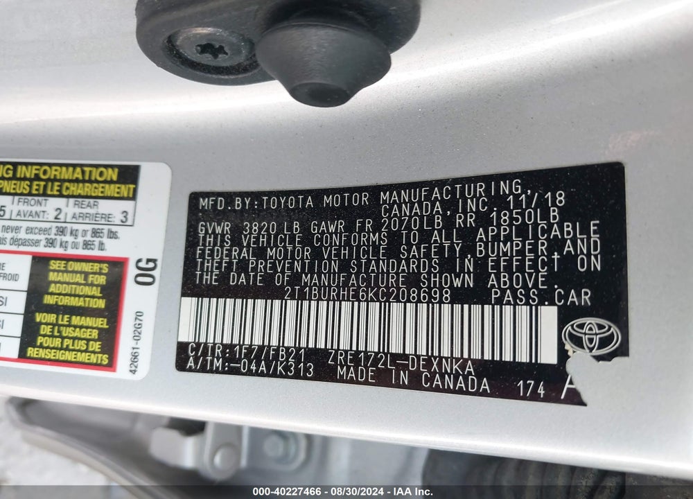 2019 TOYOTA COROLLA LE VIN: 2T1BURHE6KC208698