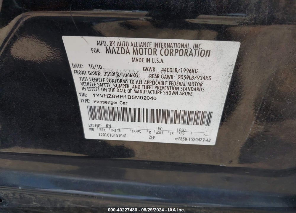 2011 MAZDA 6 I SPORT VIN: 1YVHZ8BH1B5M02040