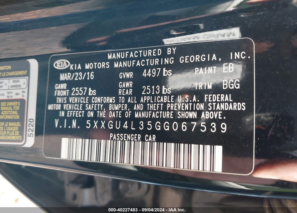 2016 KIA OPTIMA EX VIN: 5XXGU4L35GG067539