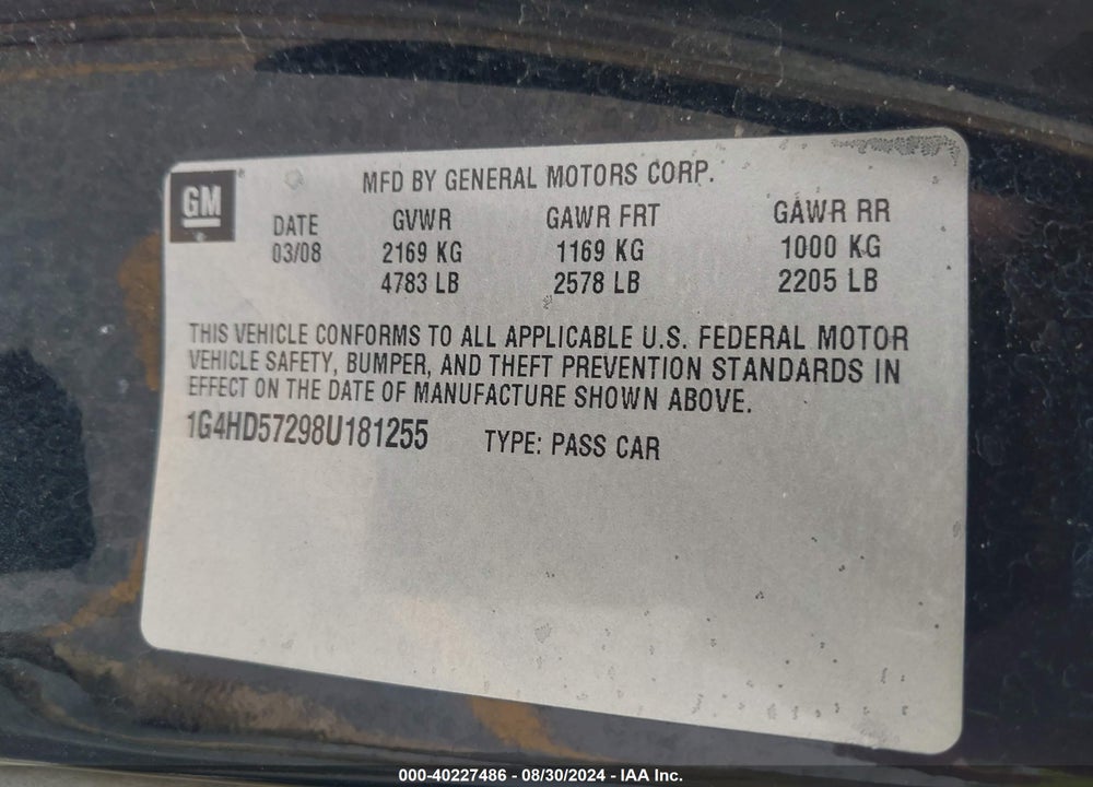 2008 BUICK LUCERNE CXL VIN: 1G4HD57298U181255