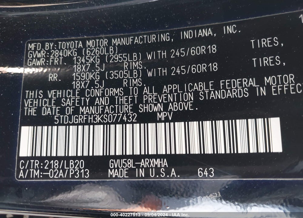 2019 TOYOTA HIGHLANDER HYBRID XLE VIN: 5TDJGRFH3KS077432
