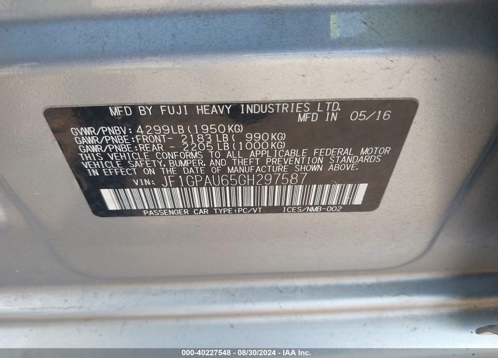 2016 SUBARU IMPREZA 2.0I SPORT LIMITED VIN: JF1GPAU65GH297587