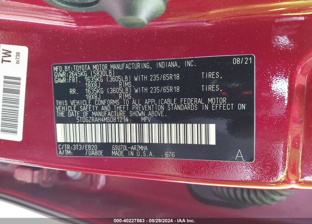 2021 TOYOTA HIGHLANDER XLE VIN: 5TDGZRAH4MS081214