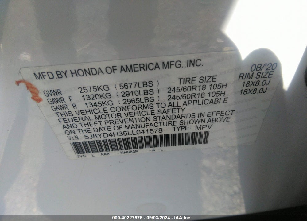 2020 ACURA MDX STANDARD VIN: 5J8YD4H35LL041578