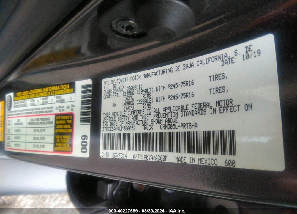 2020 TOYOTA TACOMA SR5 V6 VIN: 3TMCZ5AN4LM306050