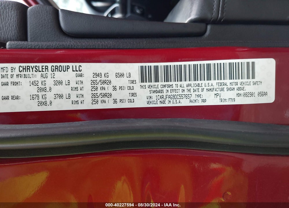 2013 JEEP GRAND CHEROKEE LAREDO VIN: 1C4RJFAG9DC557657