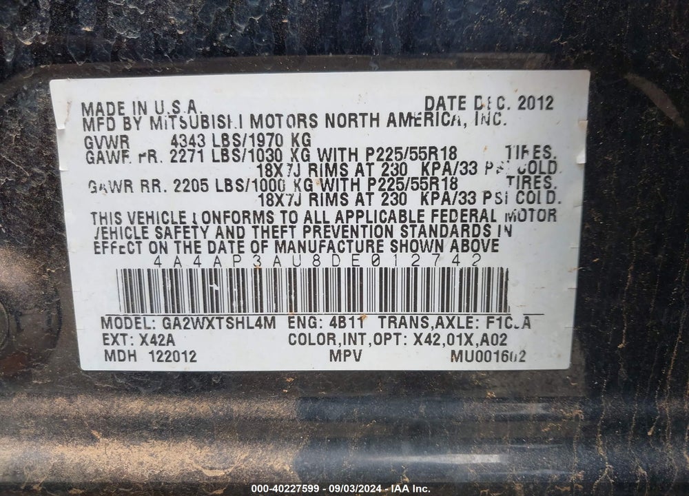 2013 MITSUBISHI OUTLANDER SPORT VIN: 4A4AP3AU8DE012742