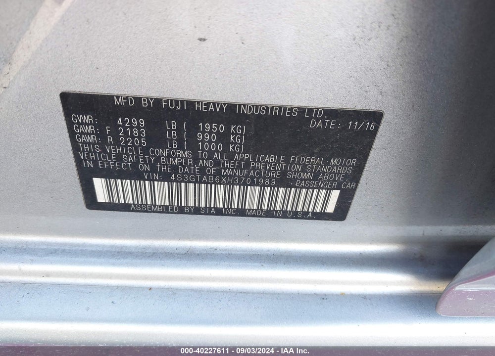 2017 SUBARU IMPREZA 2.0I PREMIUM VIN: 4S3GTAB6XH3701989