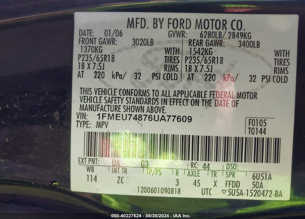 2006 FORD EXPLORER EDDIE BAUER VIN: 1FMEU74876UA77609