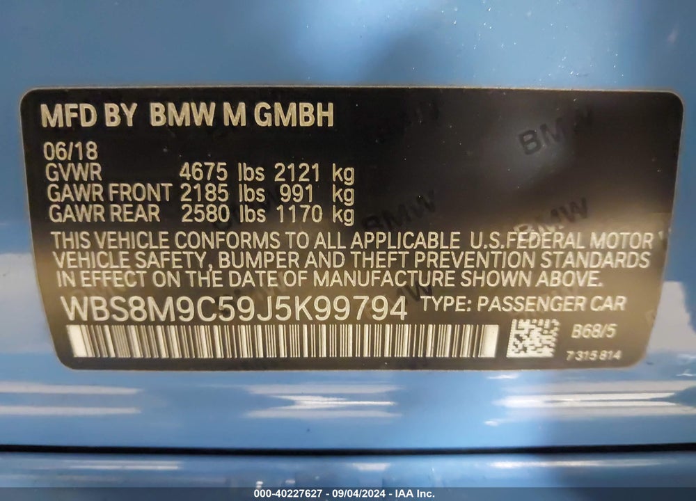 2018 BMW M3 VIN: WBS8M9C59J5K99794