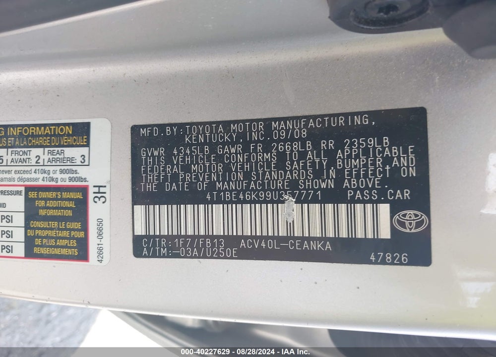 2009 TOYOTA CAMRY LE VIN: 4T1BE46K99U357771