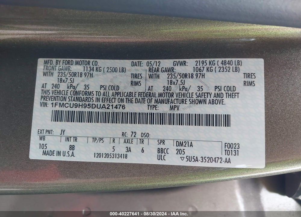 2013 FORD ESCAPE SEL VIN: 1FMCU9H95DUA21476