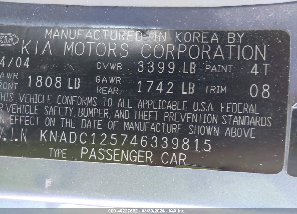2004 KIA RIO VIN: KNADC125746339815