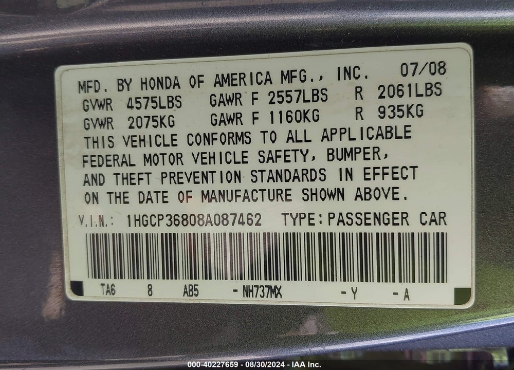 2008 HONDA ACCORD 3.5 EX-L VIN: 1HGCP36808A087462