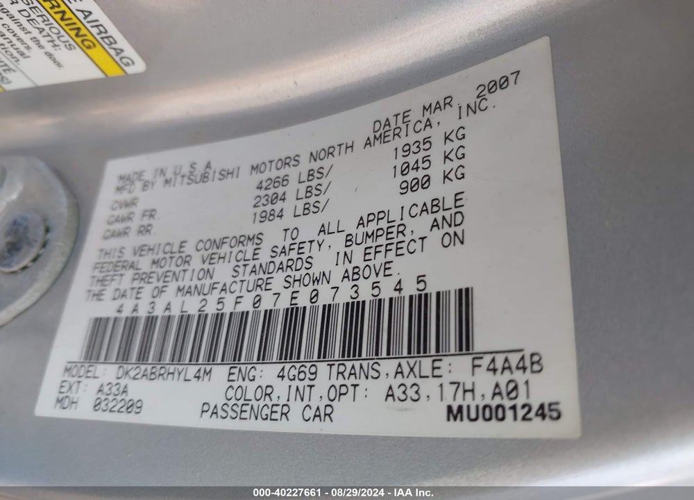 2007 MITSUBISHI ECLIPSE SPYDER GS VIN: 4A3AL25F07E073545