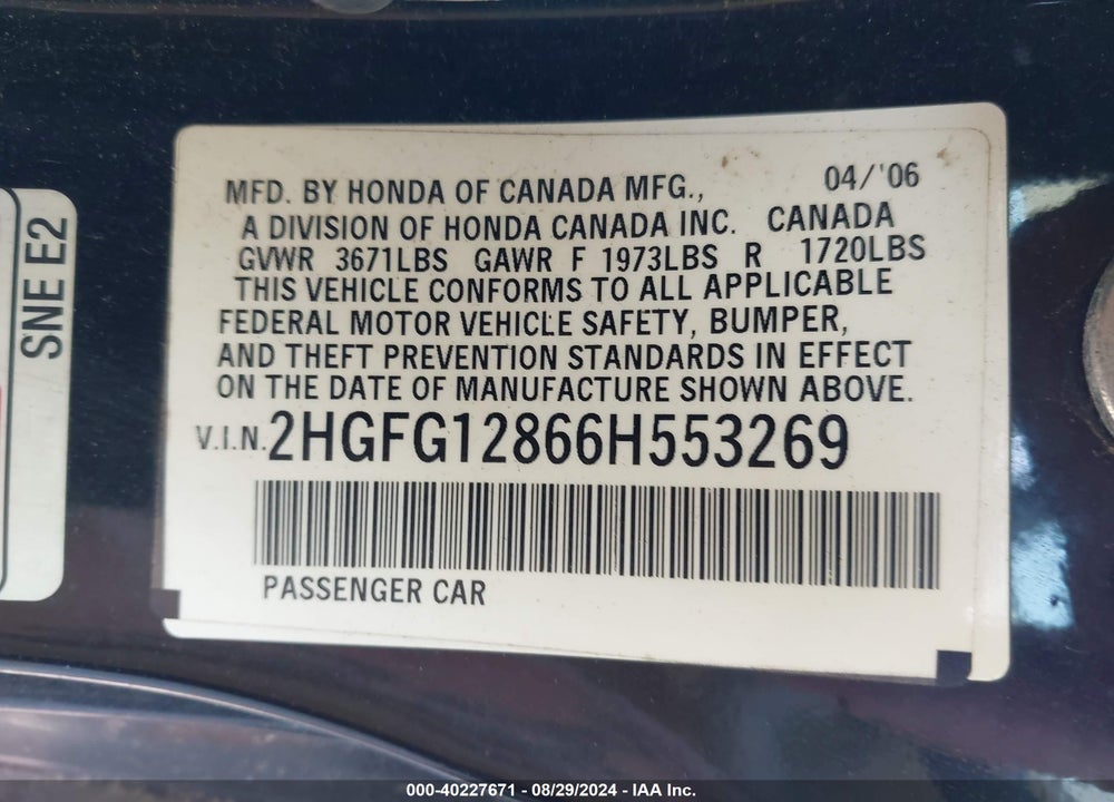 2006 HONDA CIVIC EX VIN: 2HGFG12866H553269