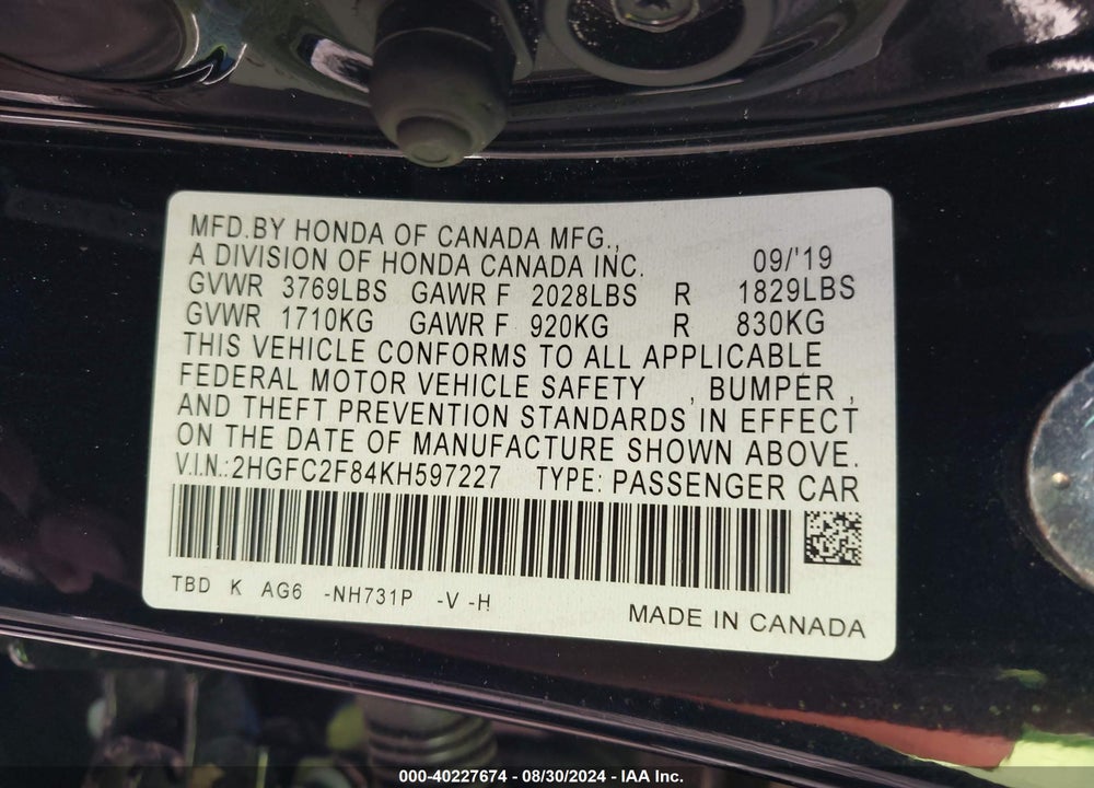 2019 HONDA CIVIC SPORT VIN: 2HGFC2F84KH597227