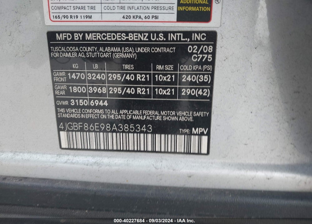 2008 MERCEDES-BENZ GL 550 4MATIC VIN: 4JGBF86E98A385343