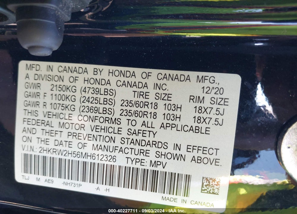 2021 HONDA CR-V AWD EX VIN: 2HKRW2H56MH612326