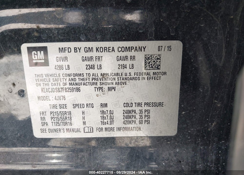 2015 BUICK ENCORE PREMIUM VIN: KL4CJDSB7FB259186